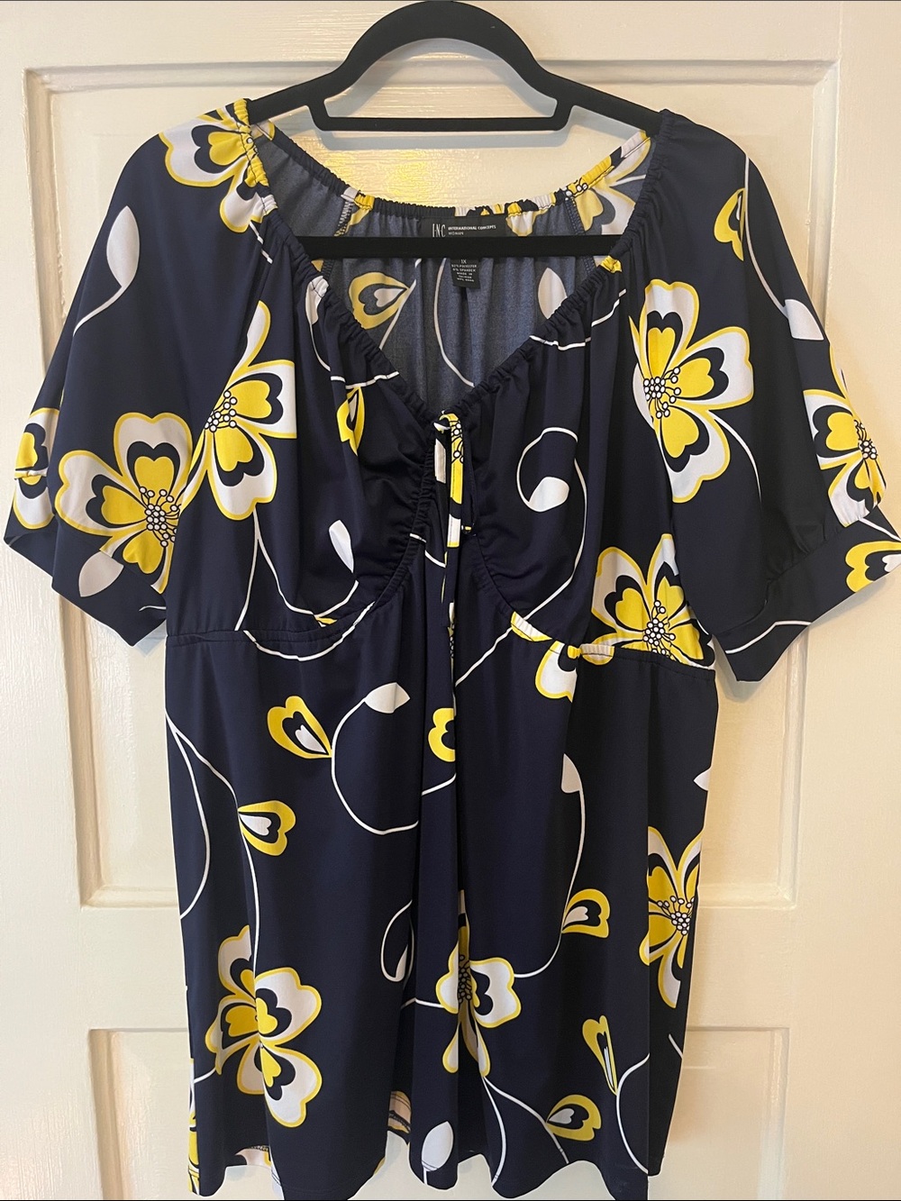 INC International Concepts Navy Floral Tunic with Yellow & White Accents